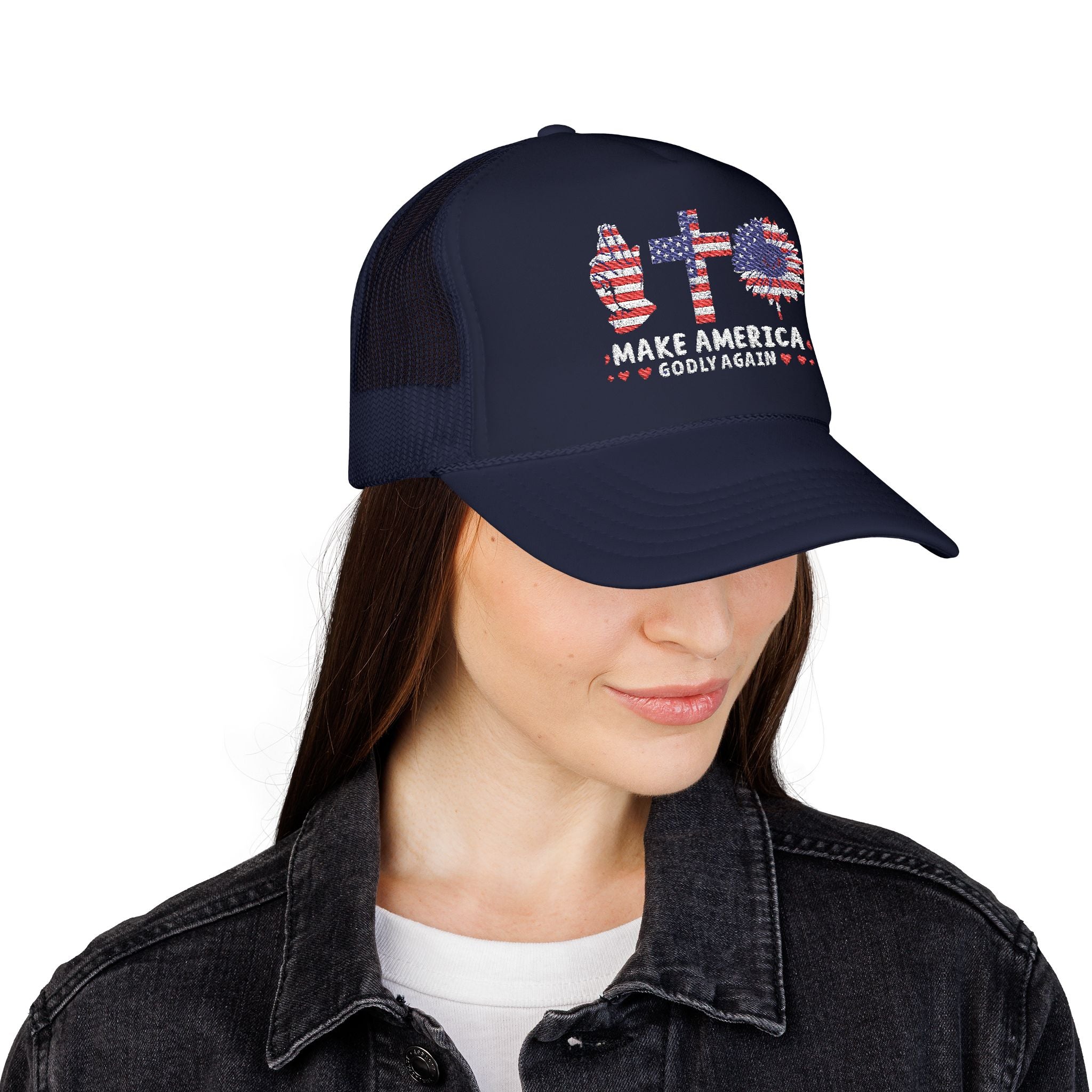 Make America GODLY AGAIN with USA Flag Graphic Trucker Hat