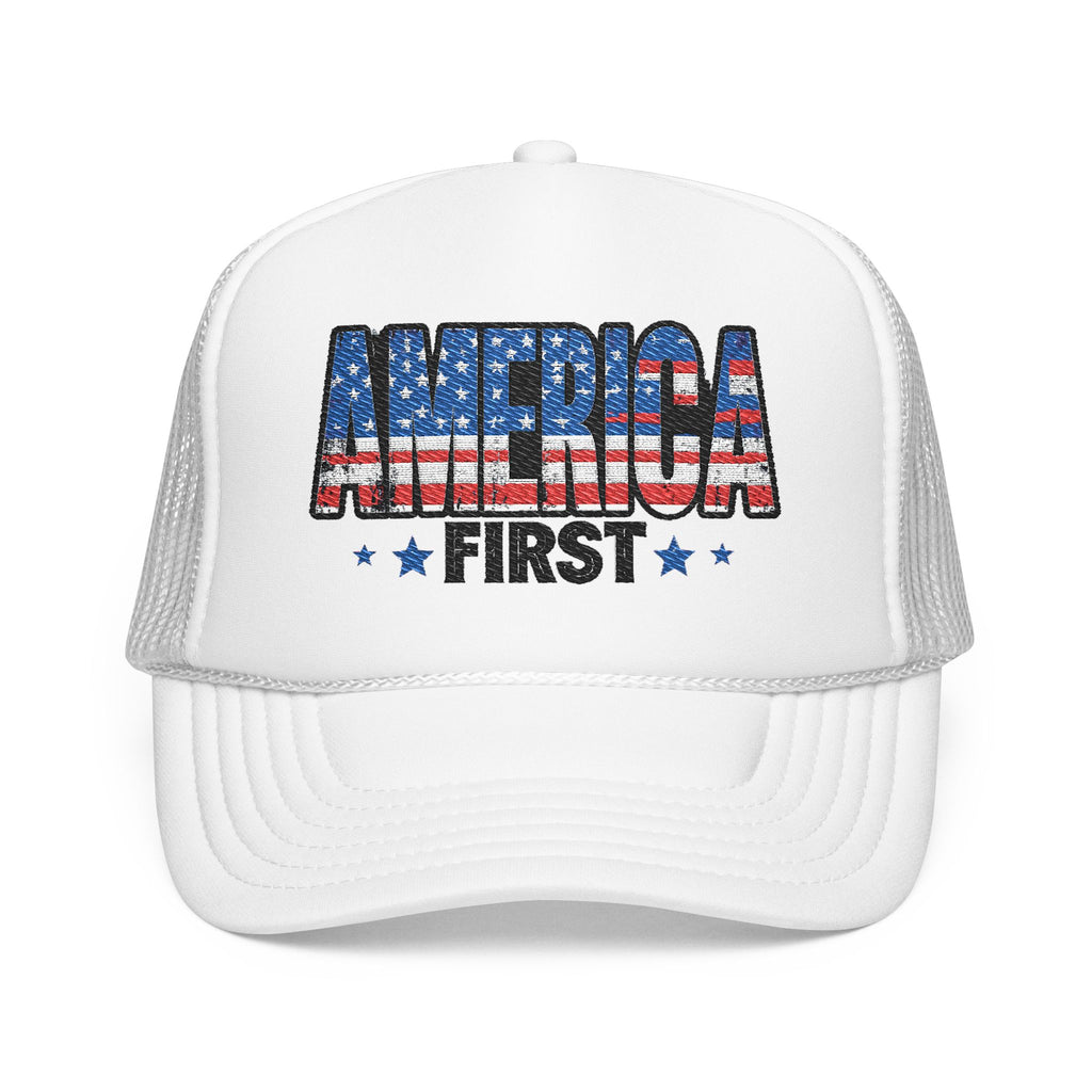 America First Foam Trucker Hat — Patriotic USA Flag Design