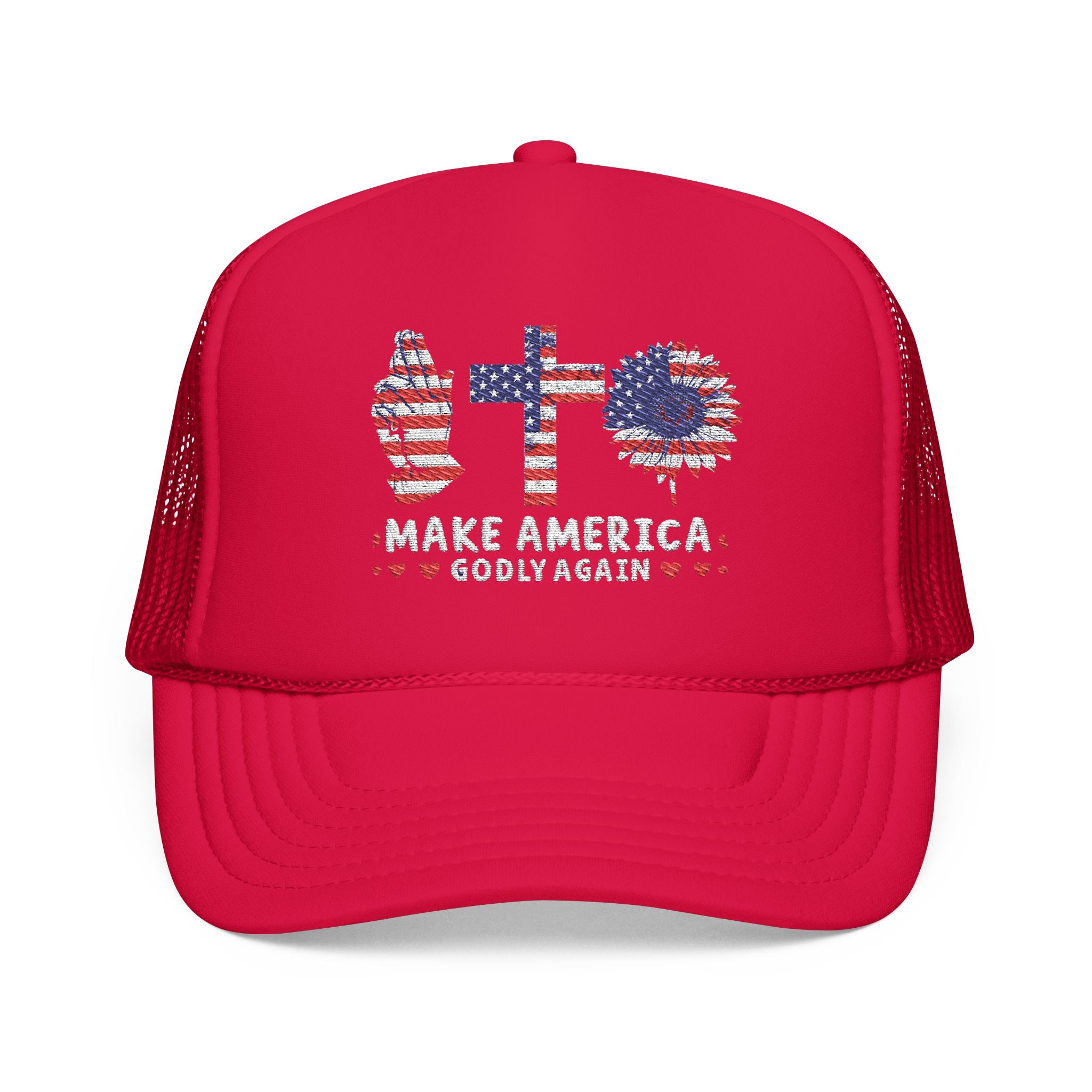 Make America GODLY AGAIN with USA Flag Graphic Trucker Hat