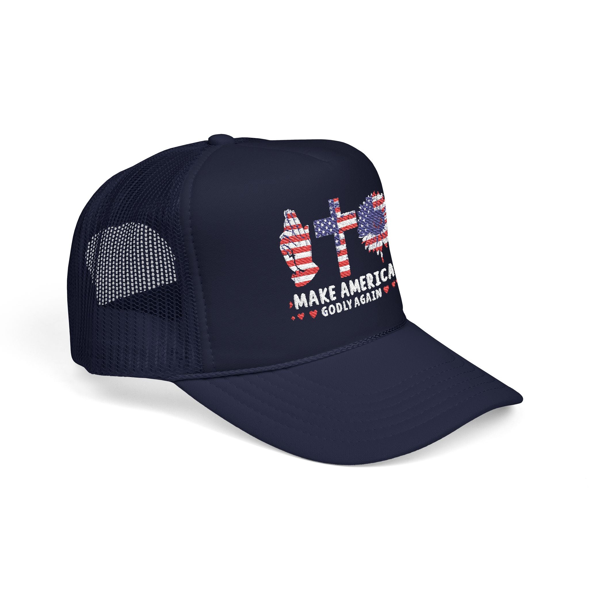 Make America GODLY AGAIN with USA Flag Trucker Hat