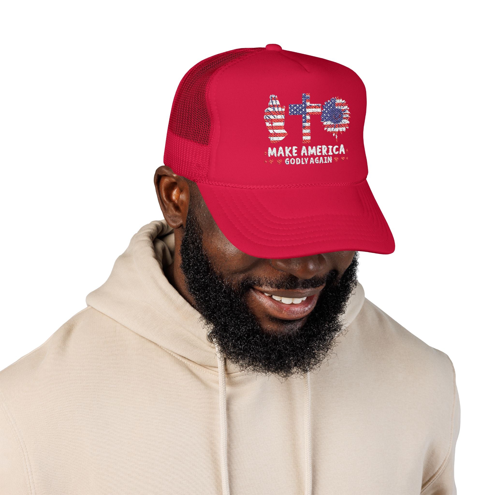 Make America GODLY AGAIN with USA Flag Graphic Trucker Hat