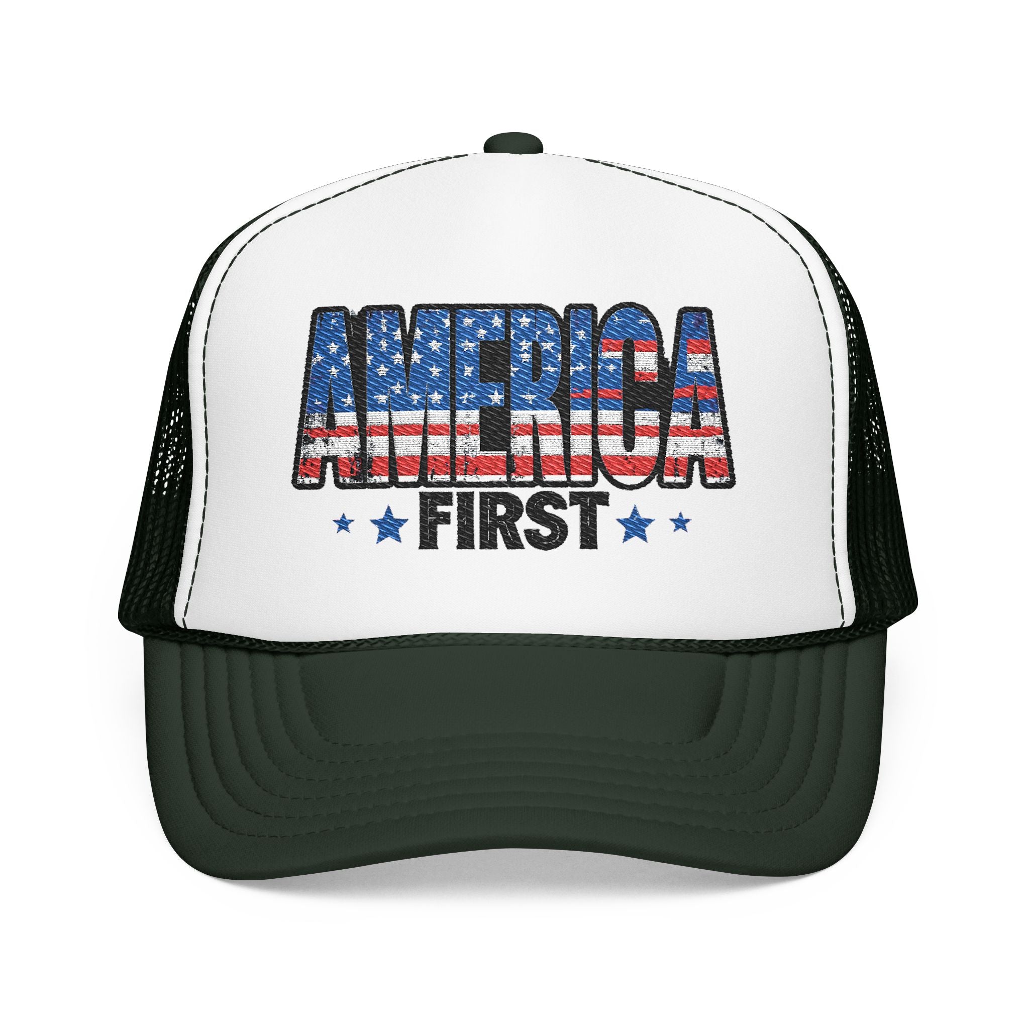 America First Foam Trucker Hat — Patriotic USA Flag Design