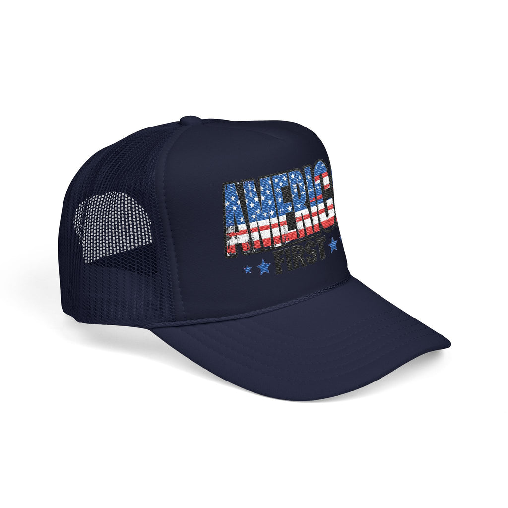 America First Foam Trucker Hat — Patriotic USA Flag Design