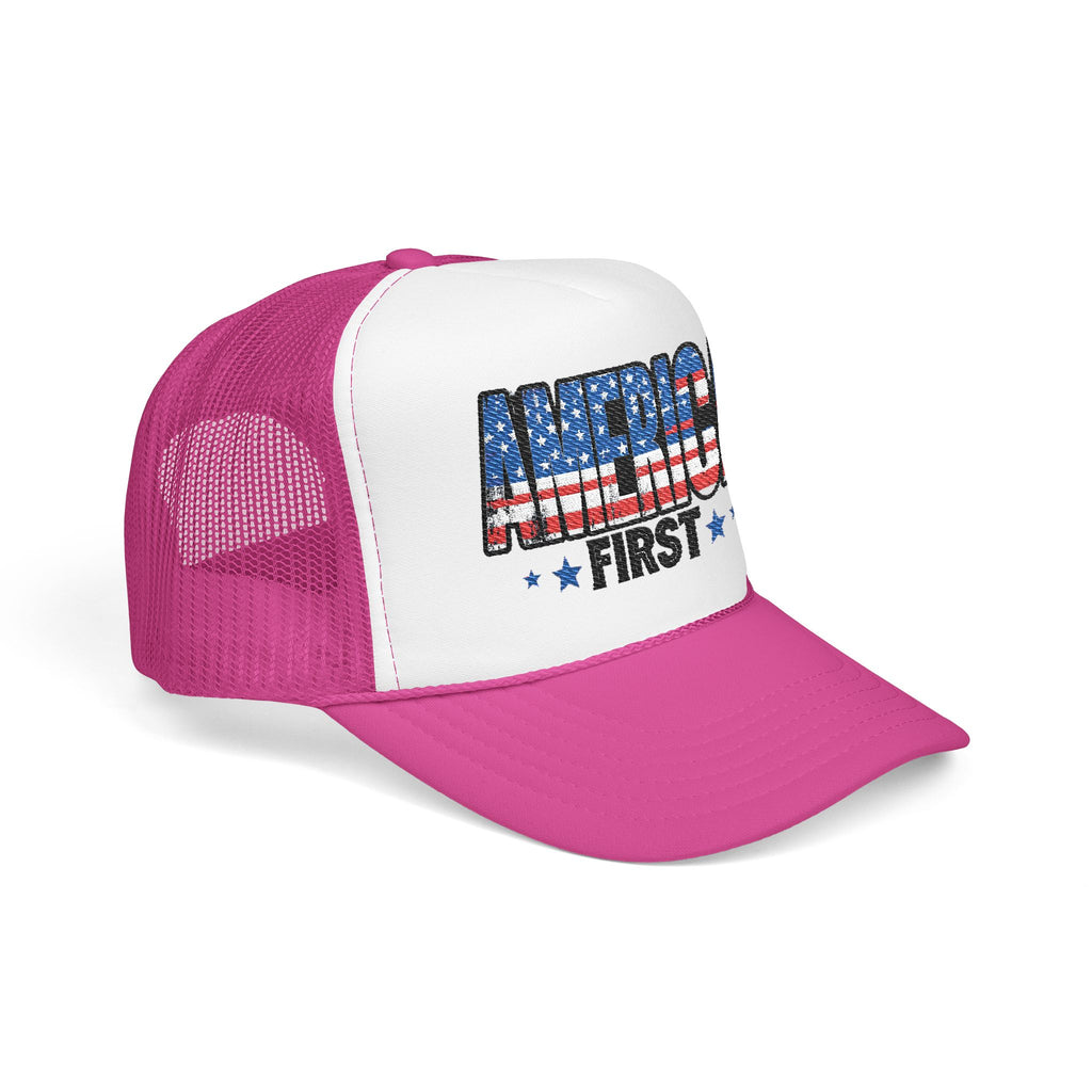 America First Foam Trucker Hat — Patriotic USA Flag Design