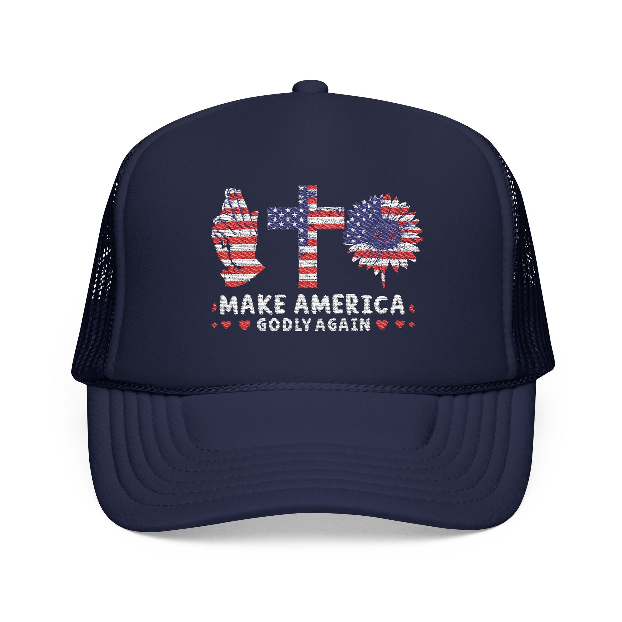 Make America GODLY AGAIN with USA Flag Graphic Trucker Hat