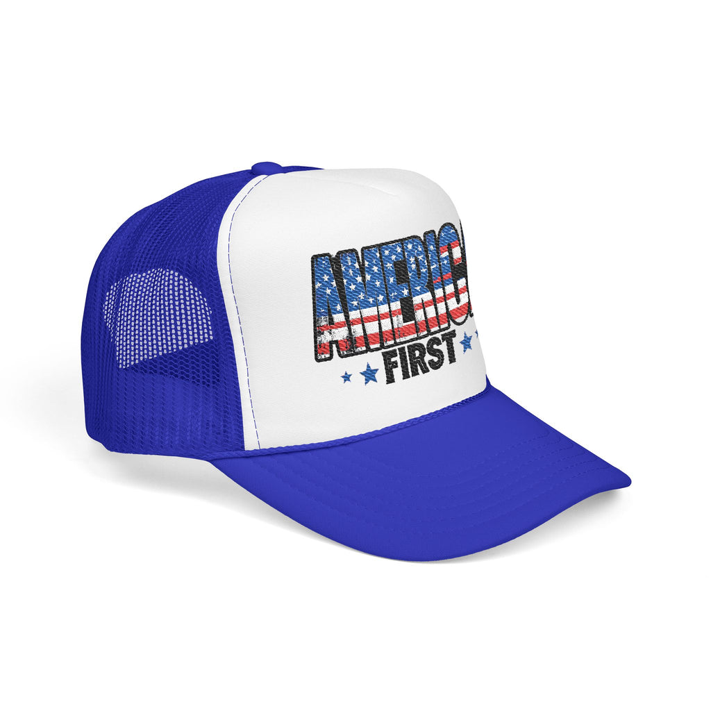 America First Foam Trucker Hat — Patriotic USA Flag Design