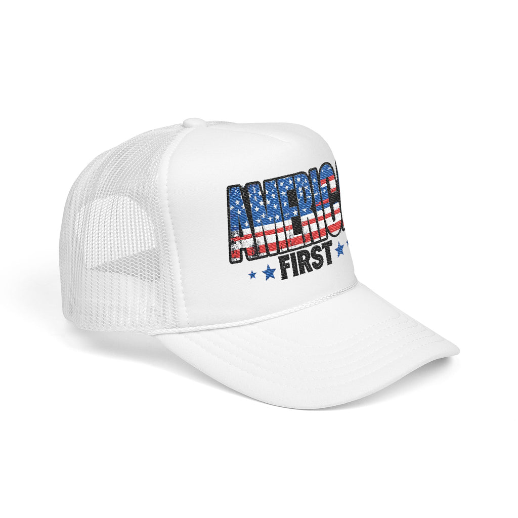 America First Foam Trucker Hat — Patriotic USA Flag Design