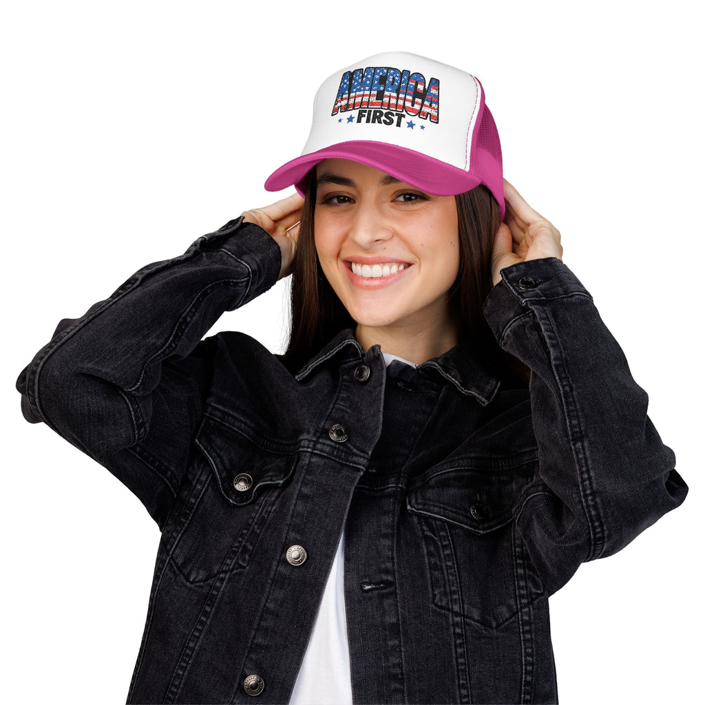 America First Foam Trucker Hat — Patriotic USA Flag Design