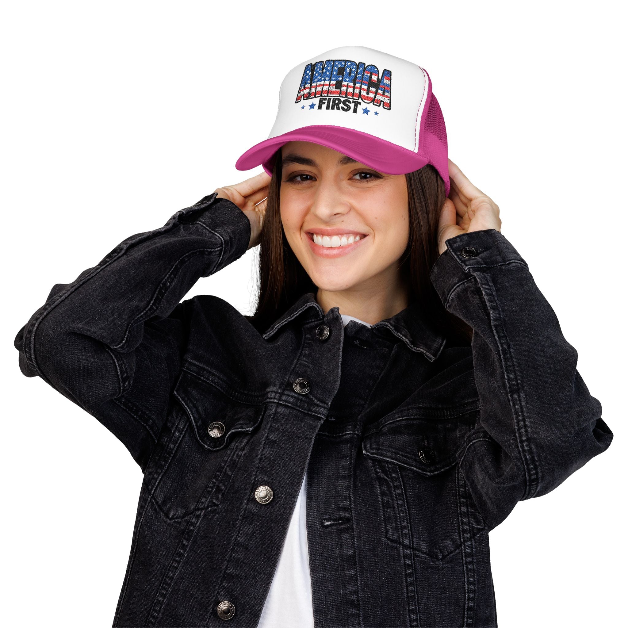 America First Foam Trucker Hat — Patriotic USA Flag Design