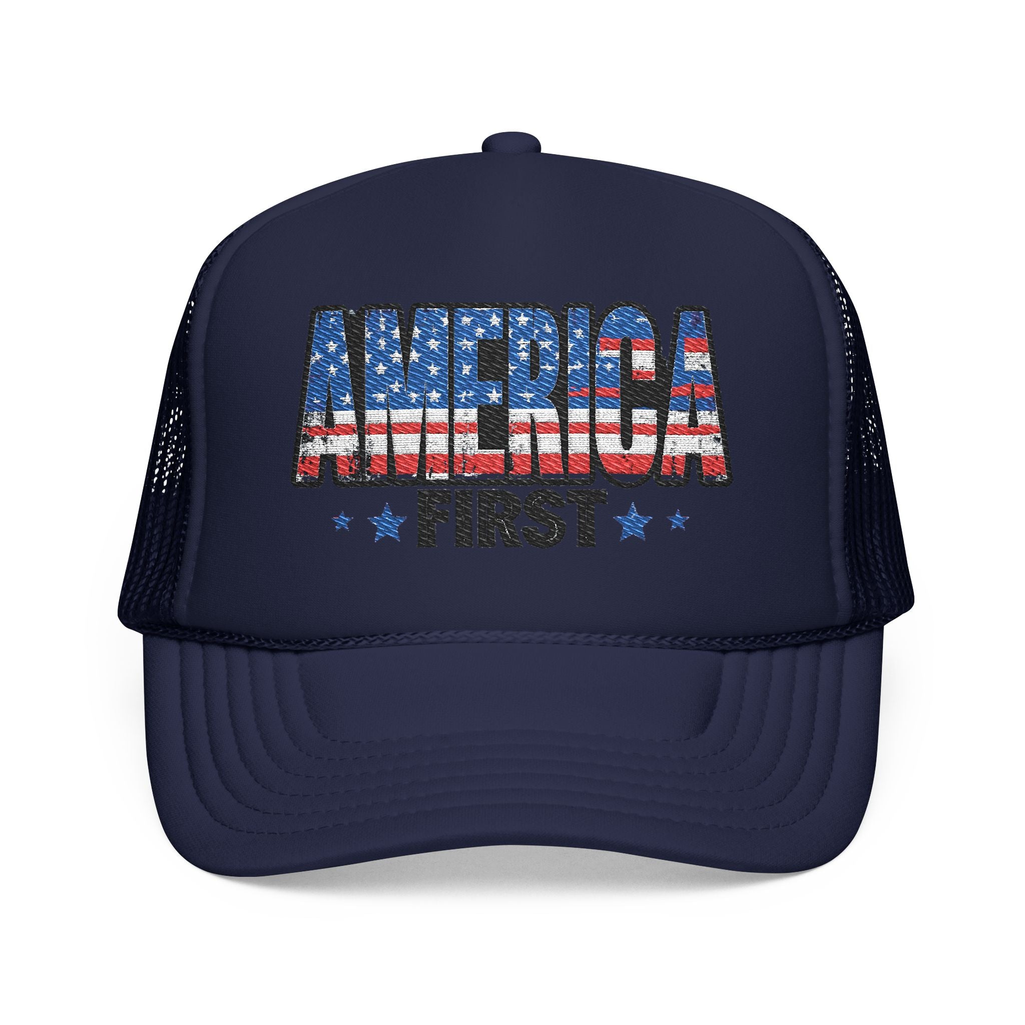America First Foam Trucker Hat — Patriotic USA Flag Design
