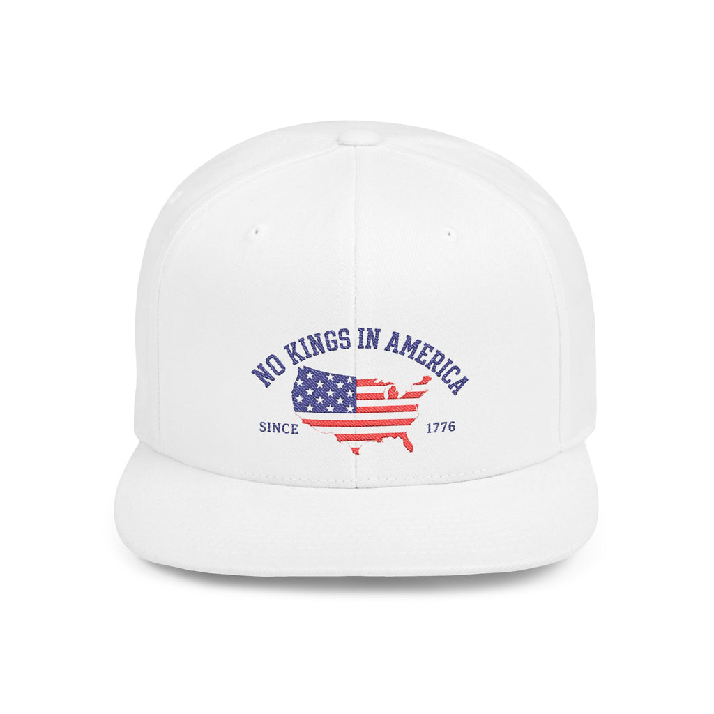 No Kings In America Flag Flat Bill Snapback Hat — Patriotic USA Baseball Cap (Since 1776)