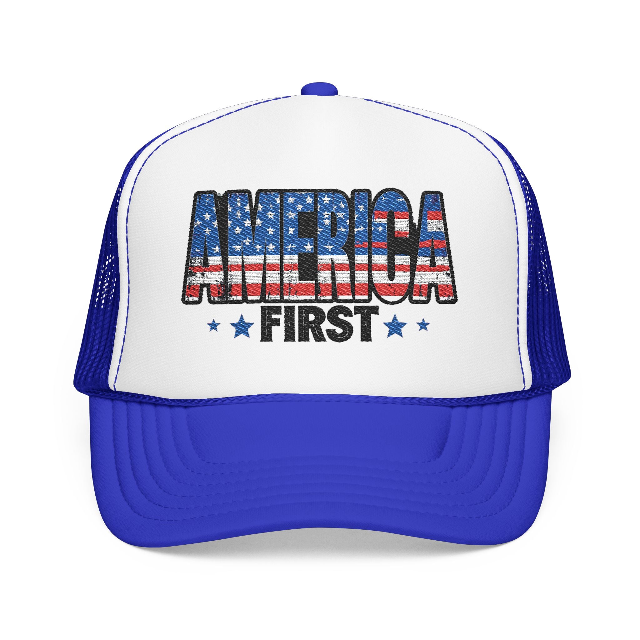 America First Foam Trucker Hat — Patriotic USA Flag Design