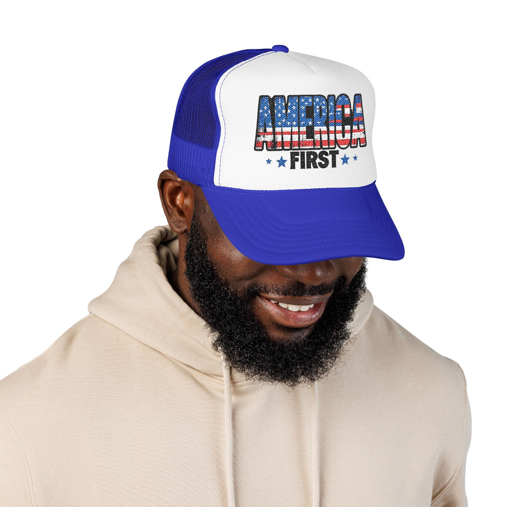 America First Foam Trucker Hat — Patriotic USA Flag Design