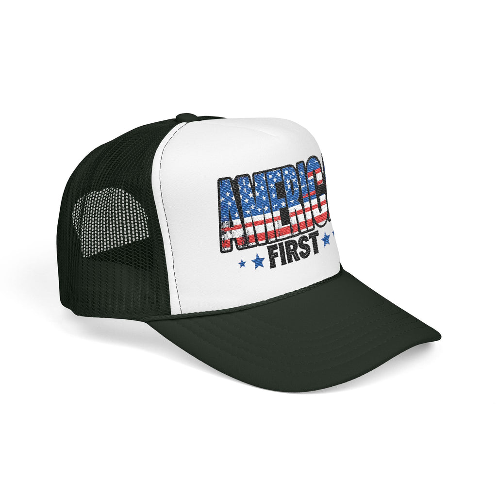 America First Foam Trucker Hat — Patriotic USA Flag Design
