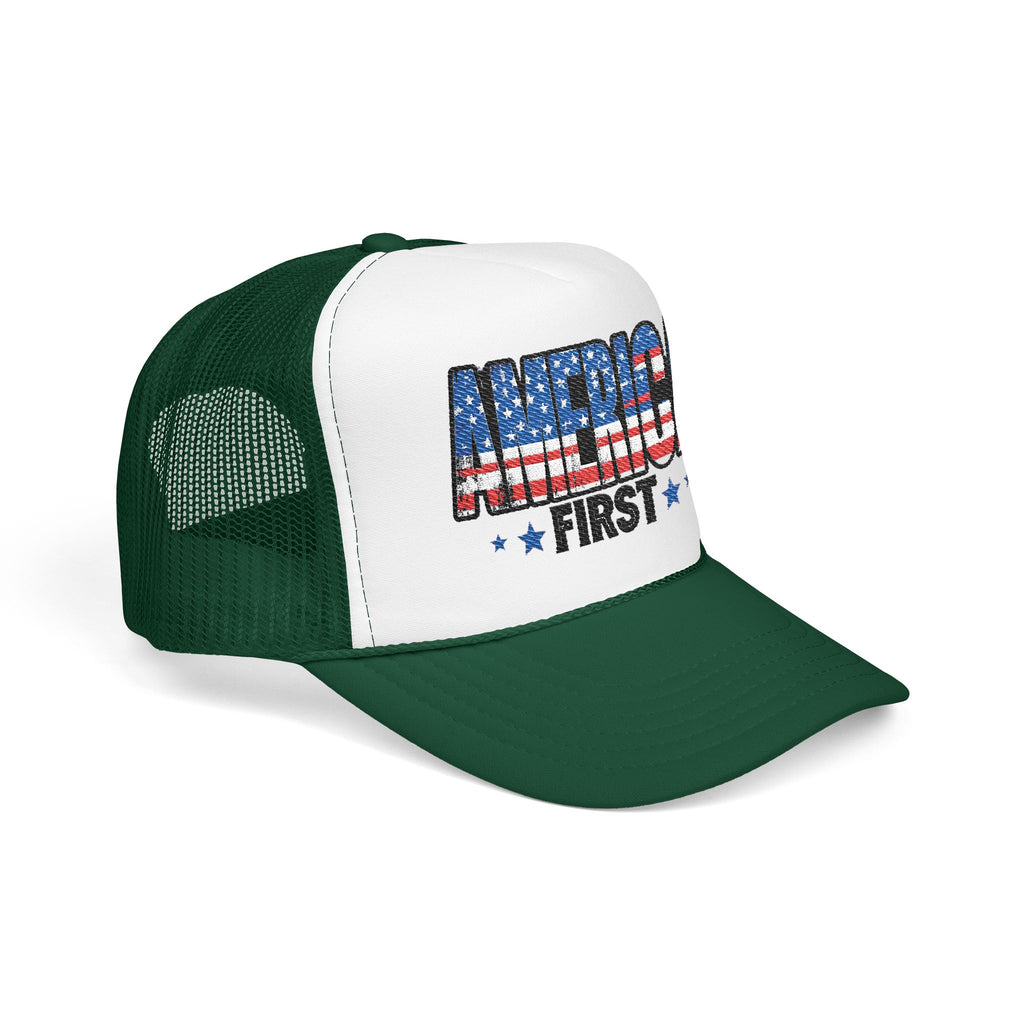 America First Foam Trucker Hat — Patriotic USA Flag Design