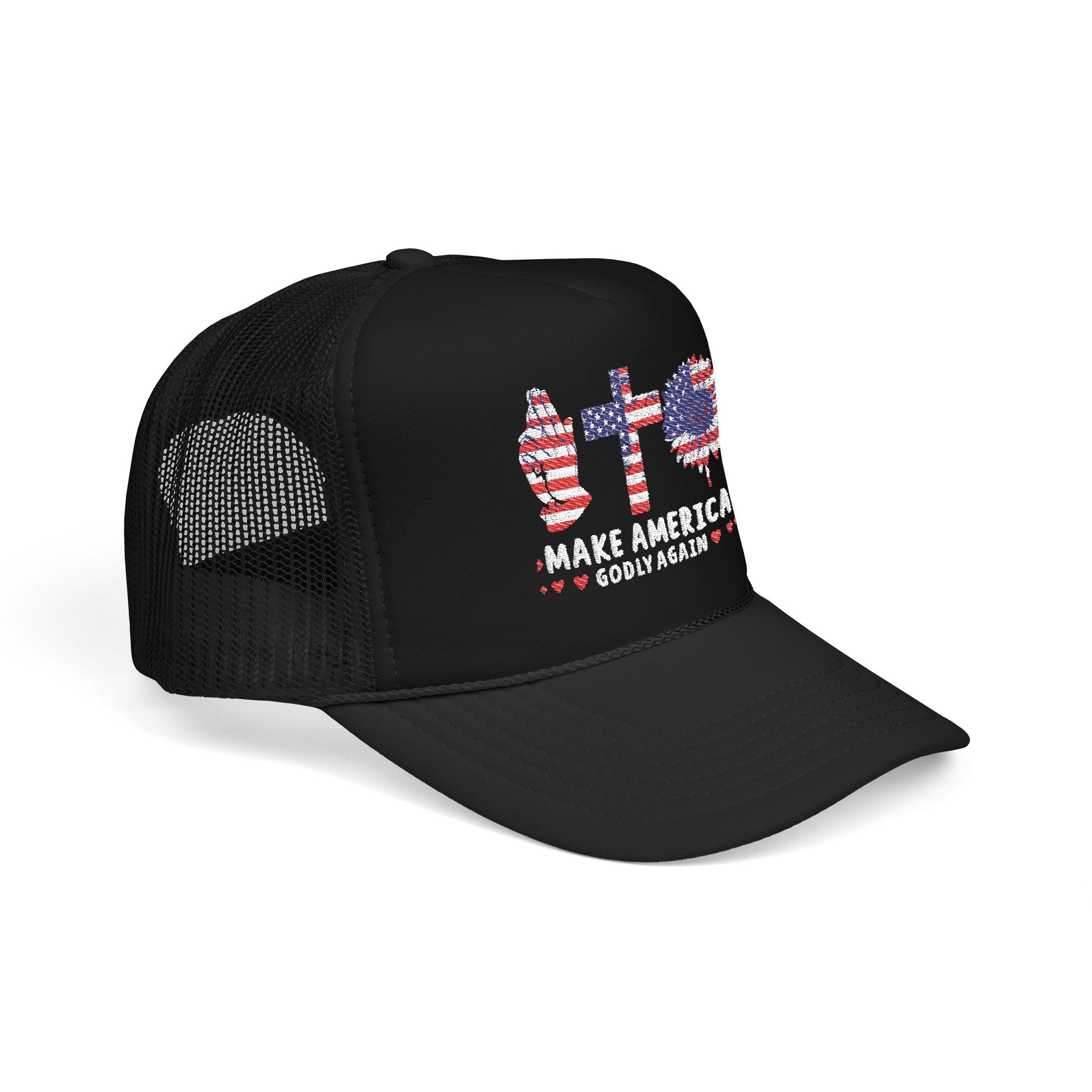 Make America GODLY AGAIN with USA Flag Graphic Trucker Hat