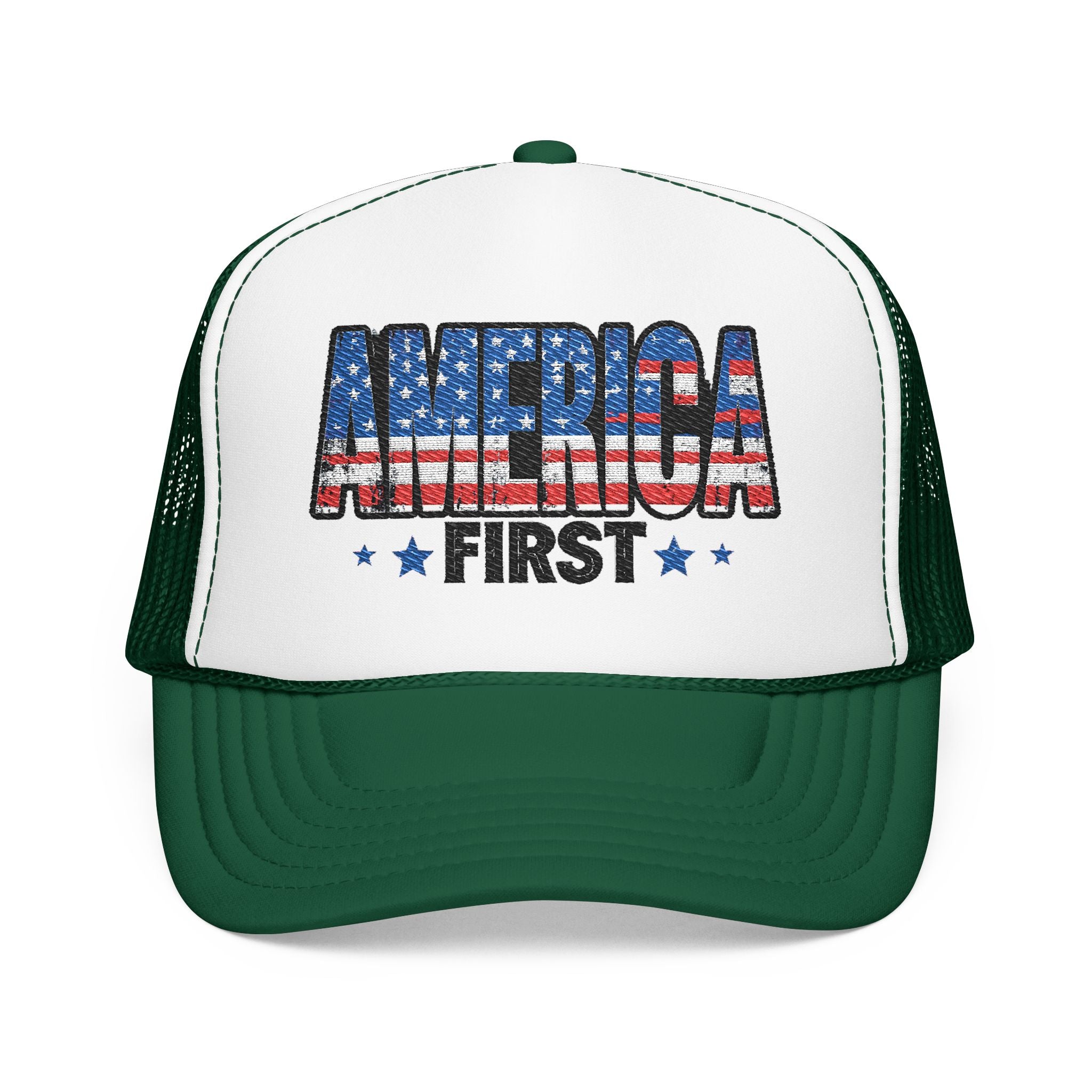 America First Foam Trucker Hat — Patriotic USA Flag Design
