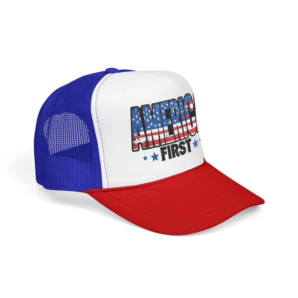 America First Foam Trucker Hat — Patriotic USA Flag Design