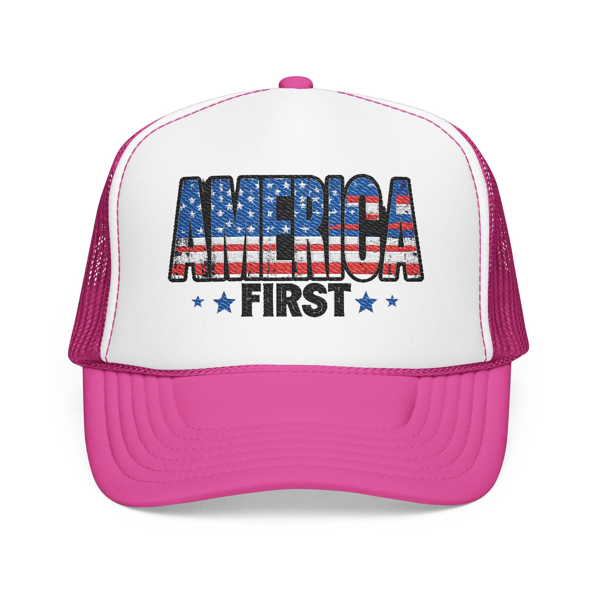 America First Foam Trucker Hat — Patriotic USA Flag Design
