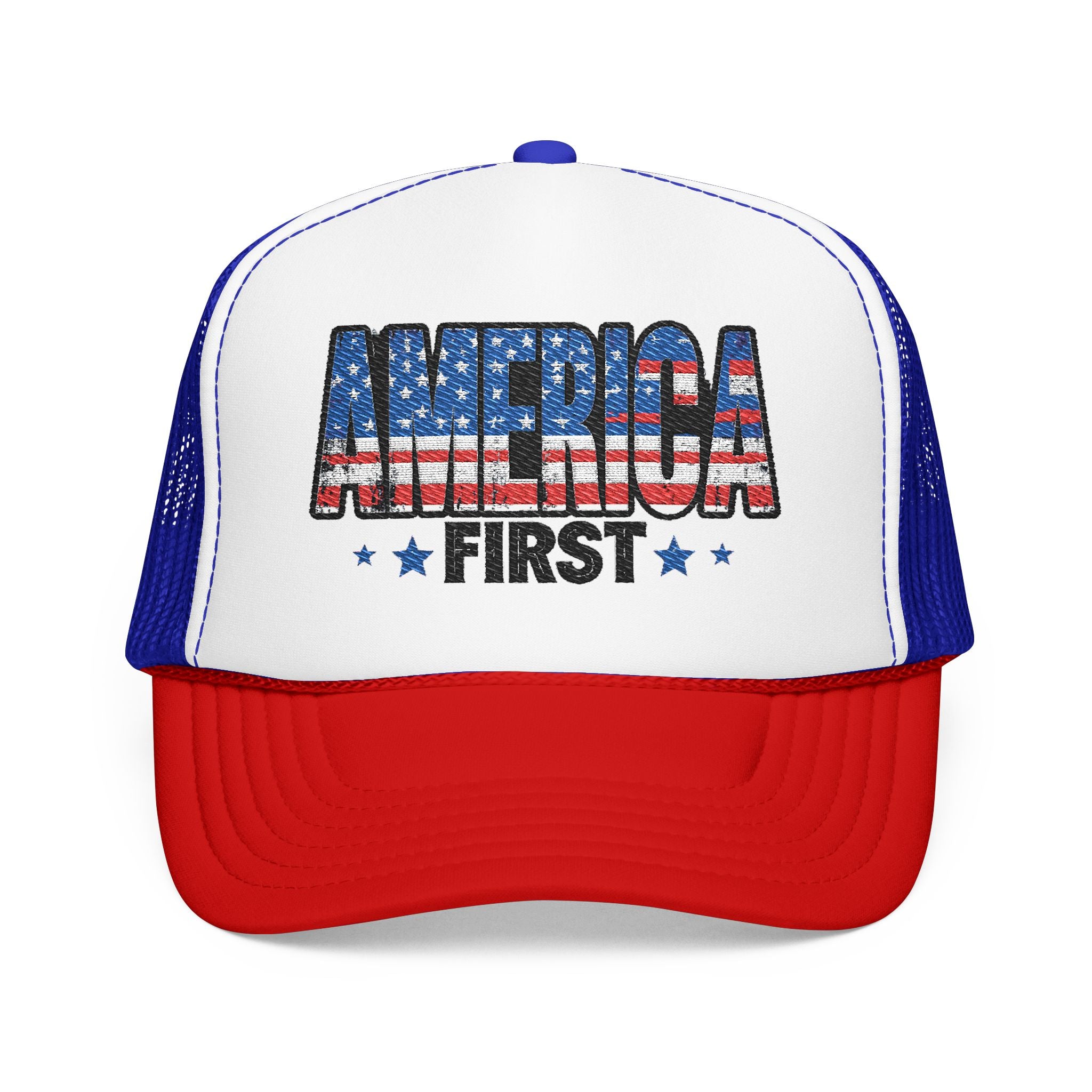 America First Foam Trucker Hat — Patriotic USA Flag Design