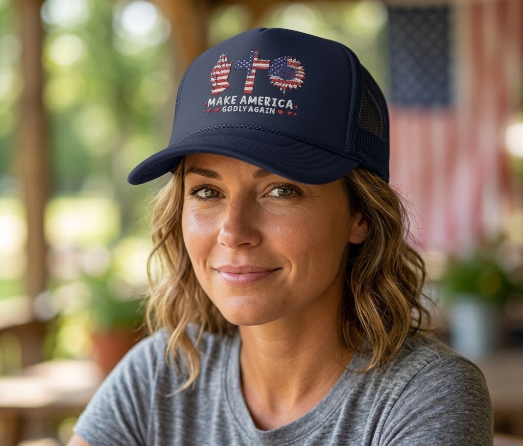Make America GODLY AGAIN with USA Flag Trucker Hat