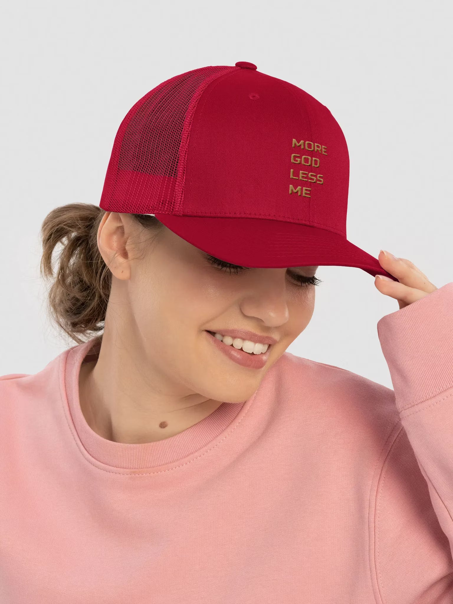 More God Less Me Embroidered Trucker Hat